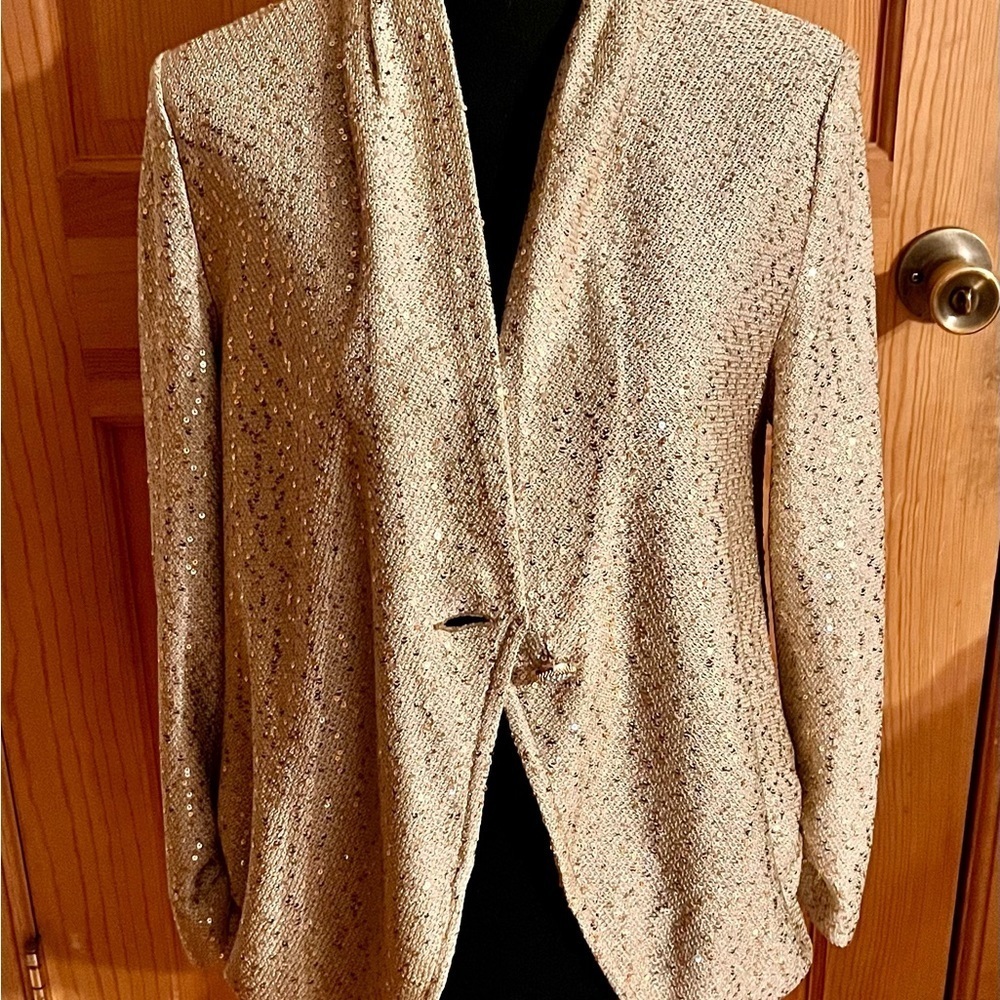 St. John Gold Sequin Textured Knit Blazer Jacket Ruched Cuff Mid Length Size Sm